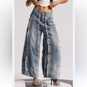 Little Rain Loose Wide Leg Deconstructed Fringe Jeans, Small
